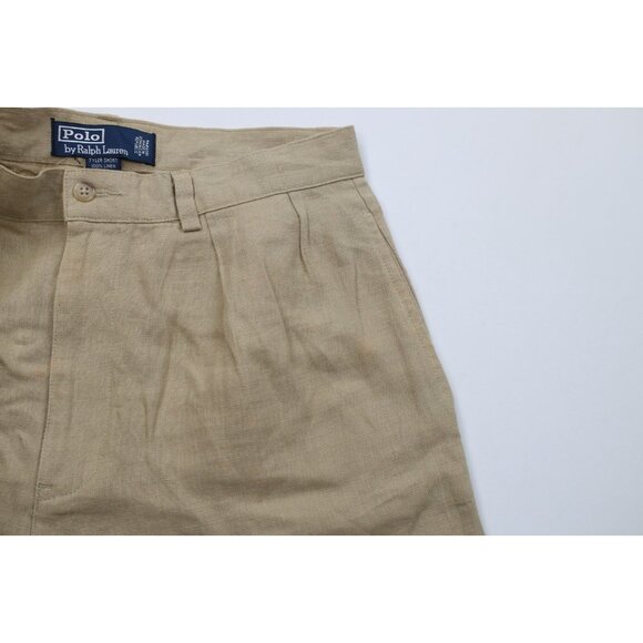 Vintage 90s Ralph Lauren Mens 32 Distressed Linen Above Knee Chino Shorts Beige - Picture 10 of 16